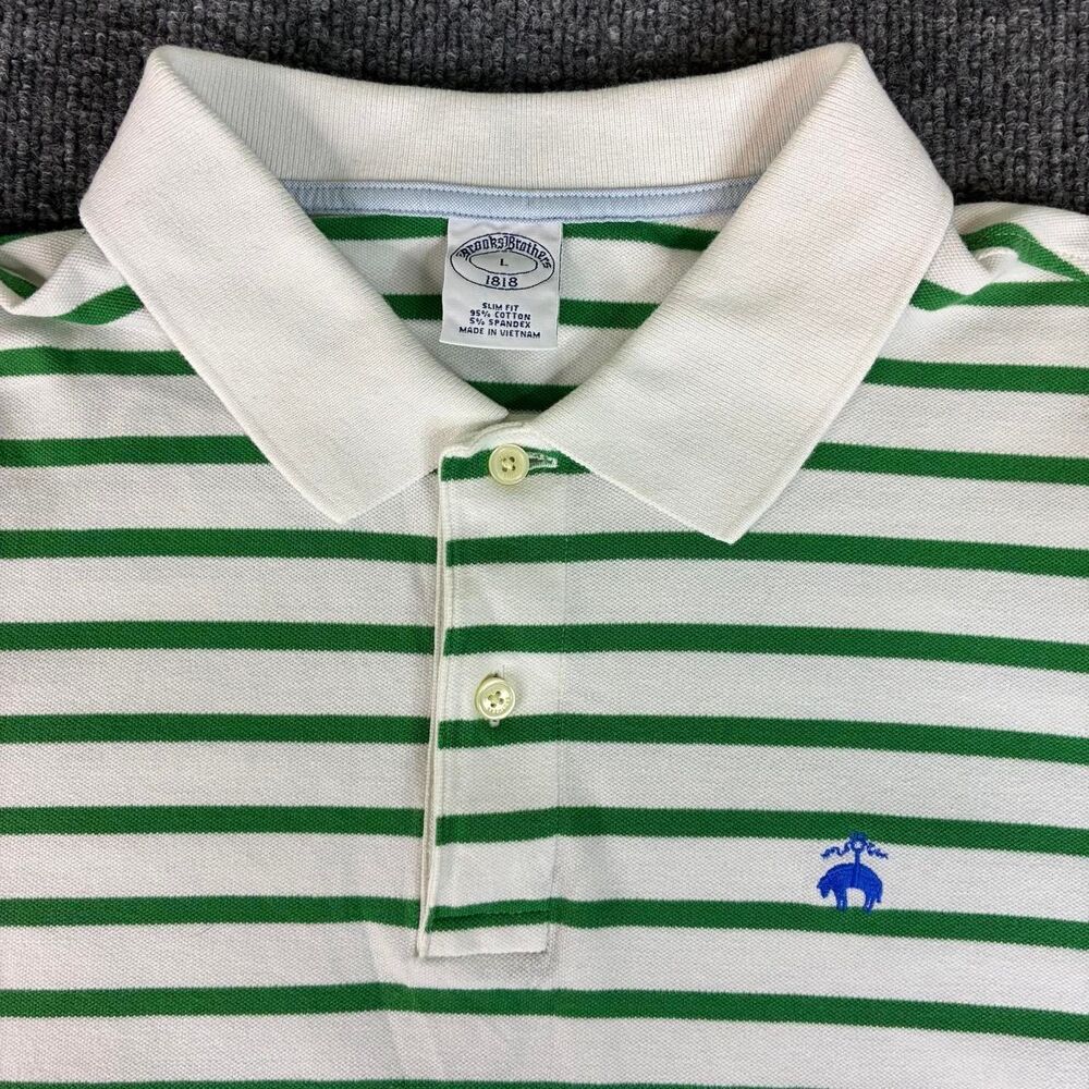 Brooks Brothers 1818 Polo Shirt Mens Large Green White Stripe Slim Fit Cotton